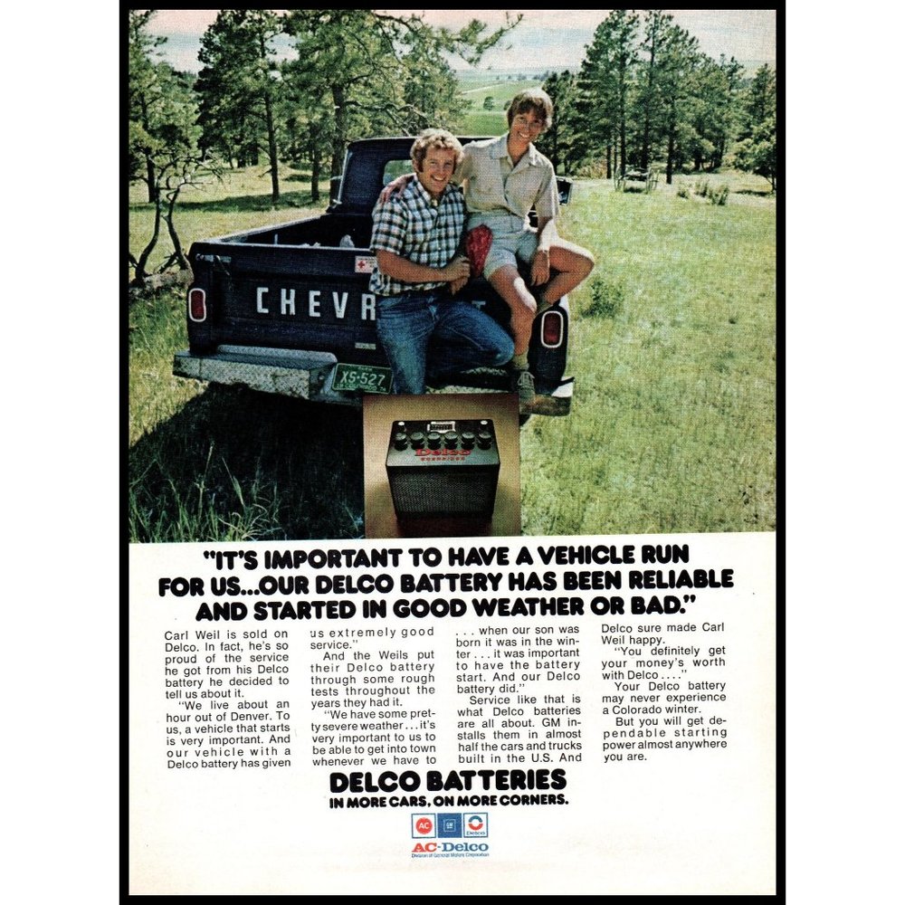 1974 Delco Car Batteries Vintage Print Ad Chevy Pick Up Truck Tailgate Wall Art